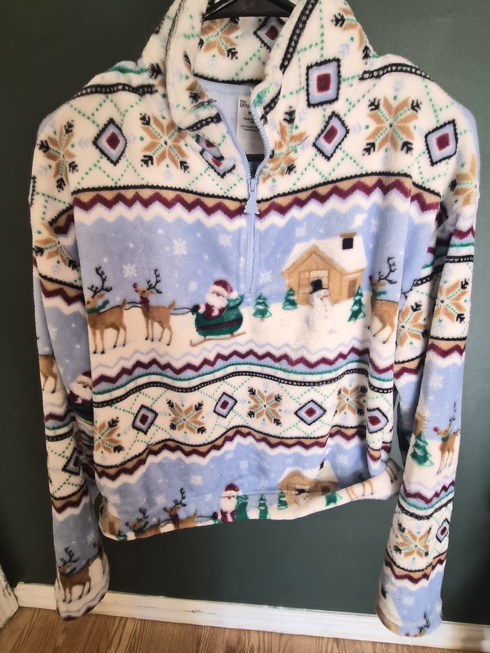 No Boundaries Women's Light Blue Festive Fleece Half-Zip Sweater